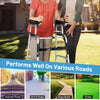 Folding height adjustable walking frame with armrest support, suitable for various surfaces like asphalt and grass.