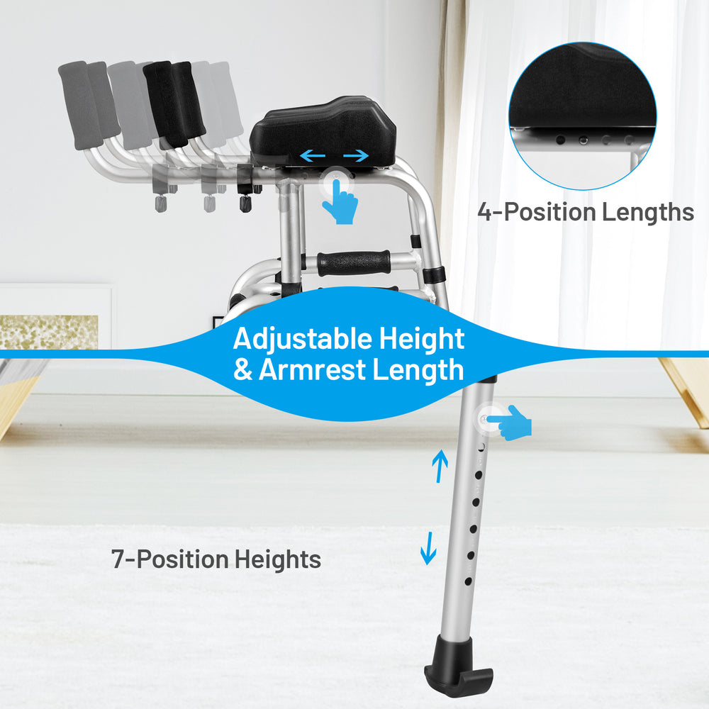 Folding height adjustable walking frame with armrest support, featuring 7-position heights and 4-position lengths for.