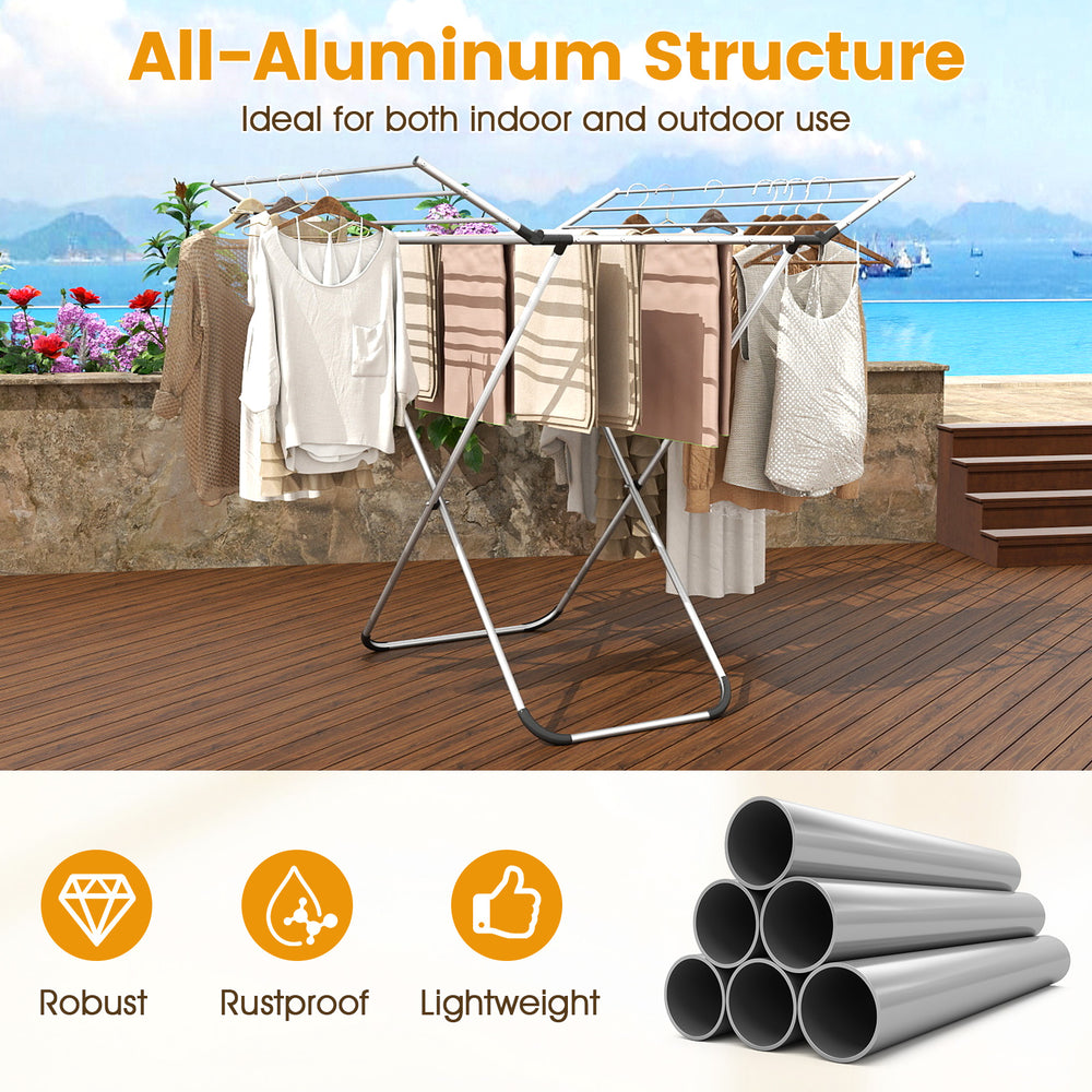 Folding aluminum clothes drying rack with 2 side wings, rustproof, lightweight, ideal for indoor and outdoor use.