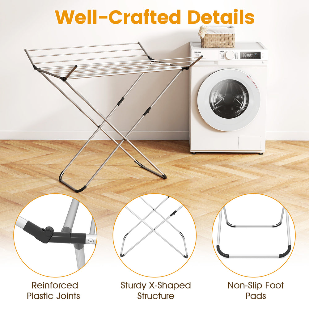 Folding aluminum clothes drying rack with 2 side wings, rustproof frame, and 60 ft drying capacity for indoor/outdoor.