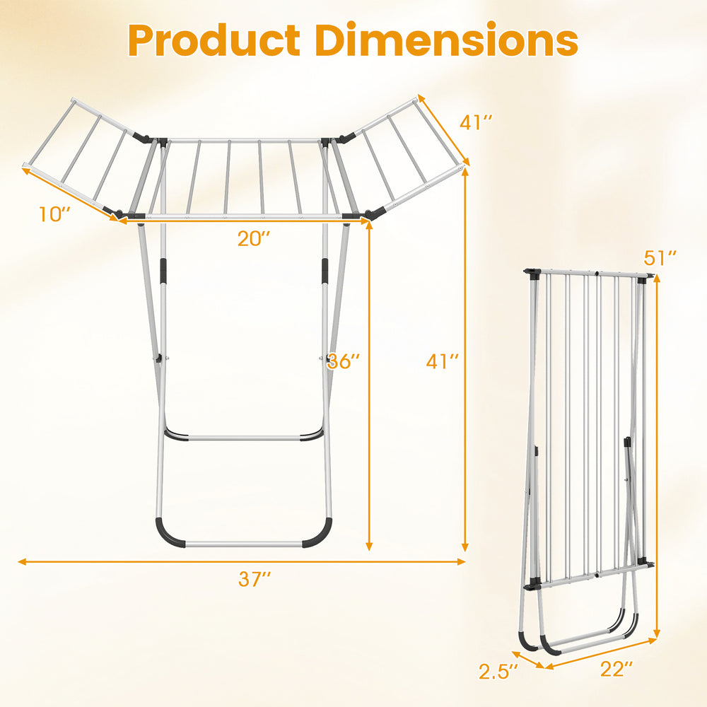Folding aluminum clothes drying rack with 2 side wings, 60 ft capacity, lightweight and rustproof for indoor/outdoor.