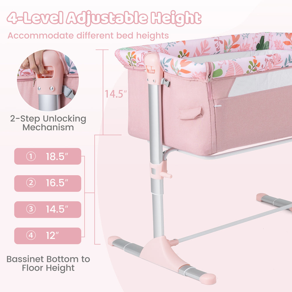 Folding baby bassinet bedside sleeper in pink with 4 adjustable heights for convenient breastfeeding and care.