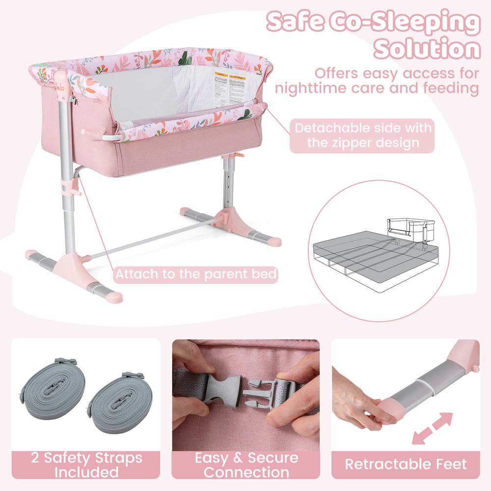 Folding baby bassinet bedside sleeper in pink with detachable side, adjustable height, and retractable feet for easy.