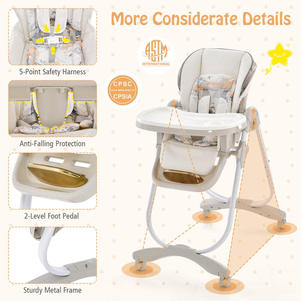 Folding baby dining high chair in gray with adjustable height, 5-point safety harness, and removable trays for easy.