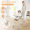 Folding baby dining high chair in gray with adjustable height, reclining backrest, and 360° wheels for easy movement.