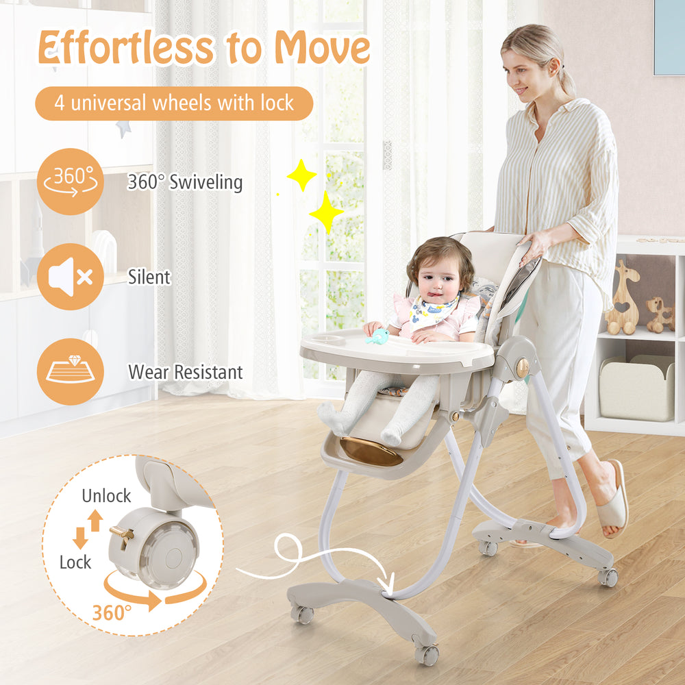Folding baby dining high chair in gray with adjustable height, reclining backrest, and 360° wheels for easy movement.