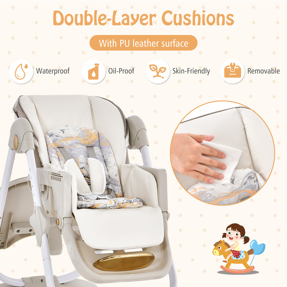 Folding baby dining high chair with adjustable height, waterproof PU leather surface, and removable double-layer.