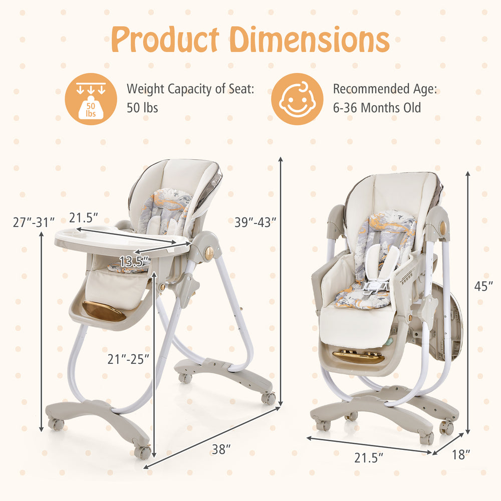 Product dimensions of the gray folding baby dining high chair, featuring adjustable seat height and recline options for.