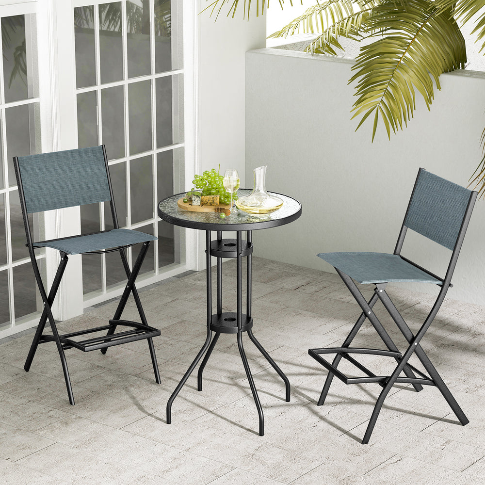 Folding bar stools set of 2 in blue with backrest and footrest, perfect for patio or garden use.
