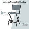 Folding bar stool with backrest and footrest in blue, featuring a sturdy metal frame for patio or garden use.