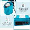 Cup holder and mesh pocket detail of blue folding beach chairs, perfect for holding drinks and essentials while.