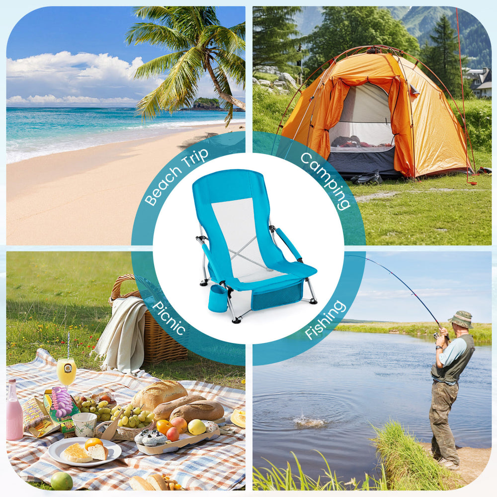 Portable blue folding beach chair set with padded armrests, ideal for camping, picnics, and outdoor relaxation.
