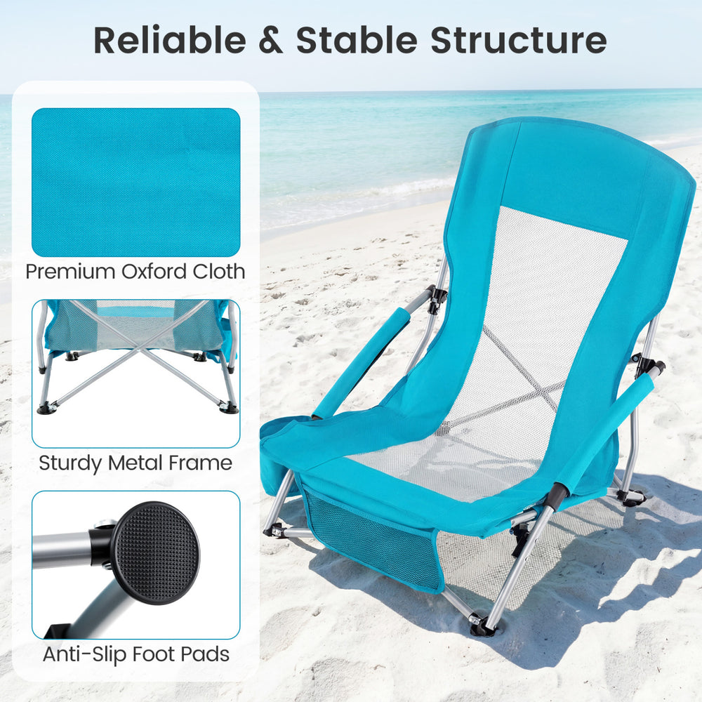Low seat folding beach chair set in blue with padded armrests, mesh fabric, and anti-slip foot pads for outdoor comfort.