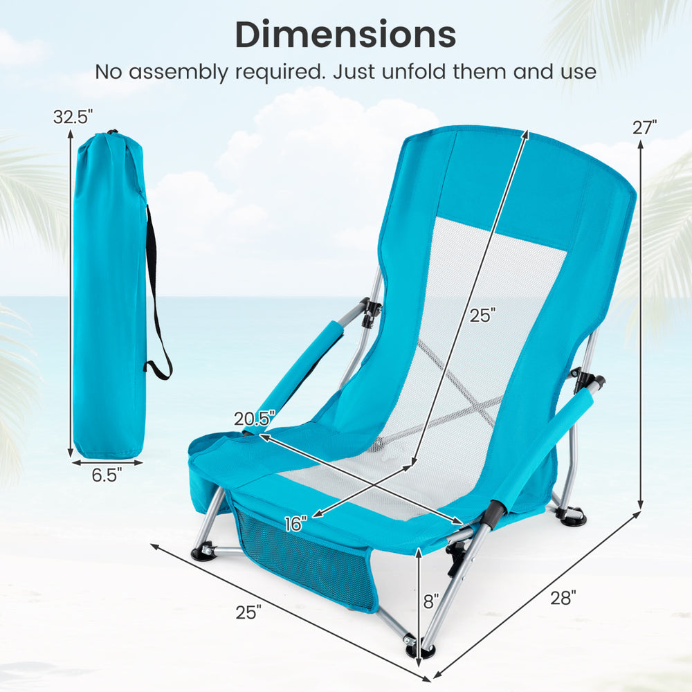 Folding beach chair dimensions with blue padded armrests and mesh fabric, ideal for camping and outdoor relaxation.
