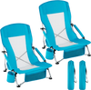 Two blue folding beach chairs with padded armrests and mesh fabric, perfect for camping and picnics.