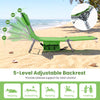 Folding beach lounge chair in lawn-green with 5 adjustable backrest positions for versatile relaxation at the beach.
