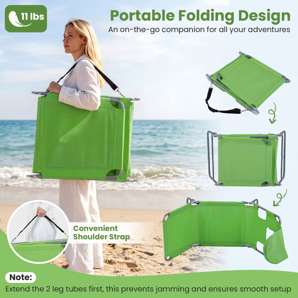 Folding beach lounge chair in lawn-green with adjustable backrest, shoulder strap, and side storage pocket for easy.