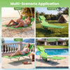 Folding beach lounge chair in lawn-green with adjustable backrest, perfect for beach, pool, camping, or patio.