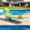 Folding beach lounge chair in lawn-green with adjustable backrest, supports 330 lbs, perfect for poolside relaxation.