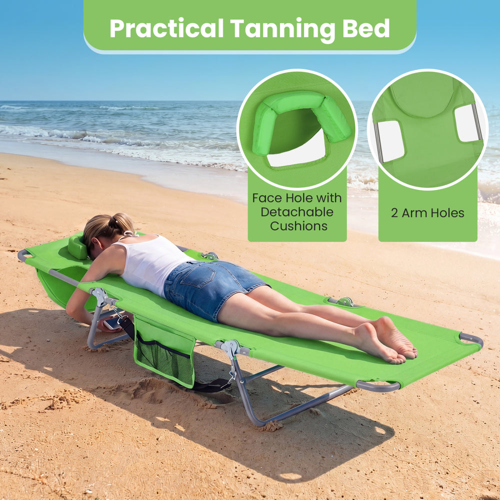 Folding beach lounge chair in lawn-green with face hole, adjustable backrest, and side storage pocket for versatile.