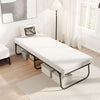 Folding bed with a 75 x 31 inch memory foam mattress, featuring a sturdy metal frame and breathable fabric cover.
