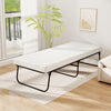 Folding bed with memory foam mattress, 75 x 31 inches, ideal for guest rooms or camping, featuring a sturdy metal frame.