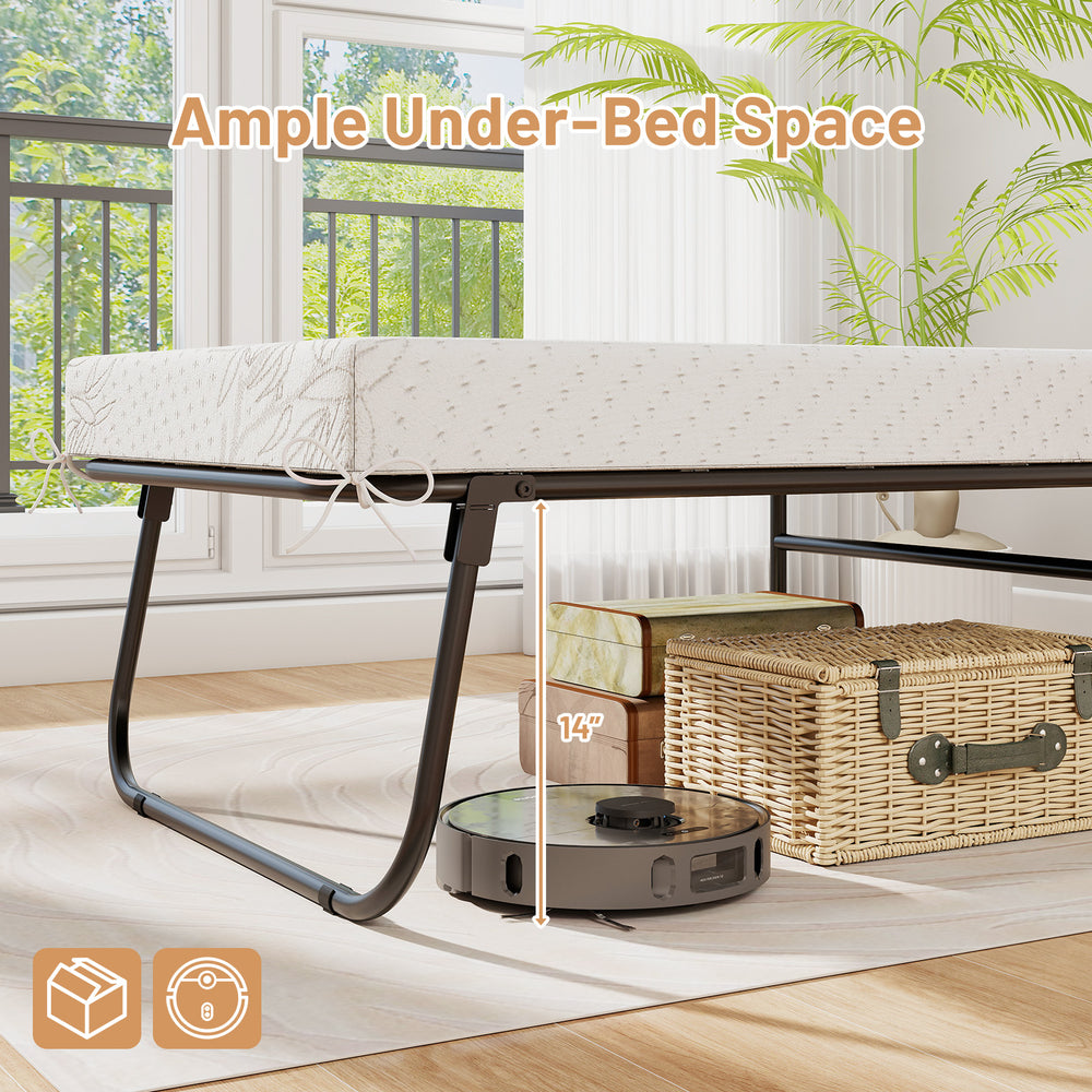 Folding bed with 14" under-bed space, featuring a comfortable memory foam mattress and sturdy metal frame for versatile.