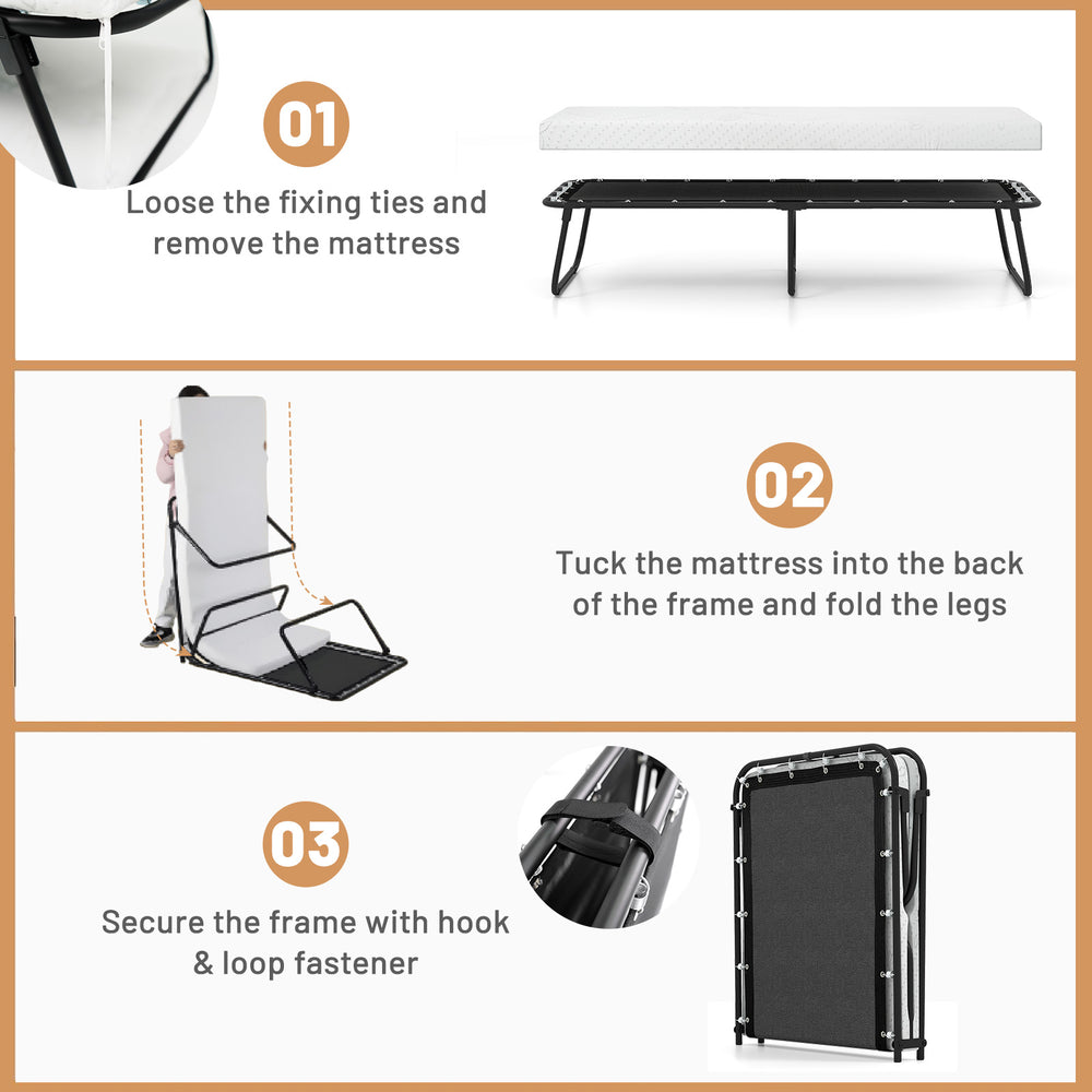 Folding bed with memory foam mattress, 75 x 31 inches, featuring a robust metal frame for guest rooms or camping.