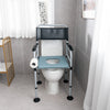 Folding bedside commode chair with adjustable height, detachable bucket, and towel holder for convenient bathroom use.