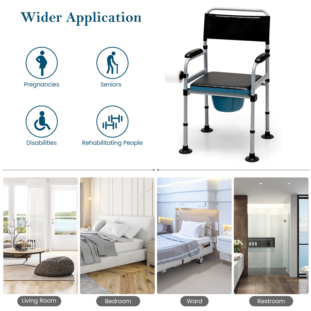 4-in-1 folding bedside commode chair with adjustable height, detachable bucket, and ergonomic design for seniors and.