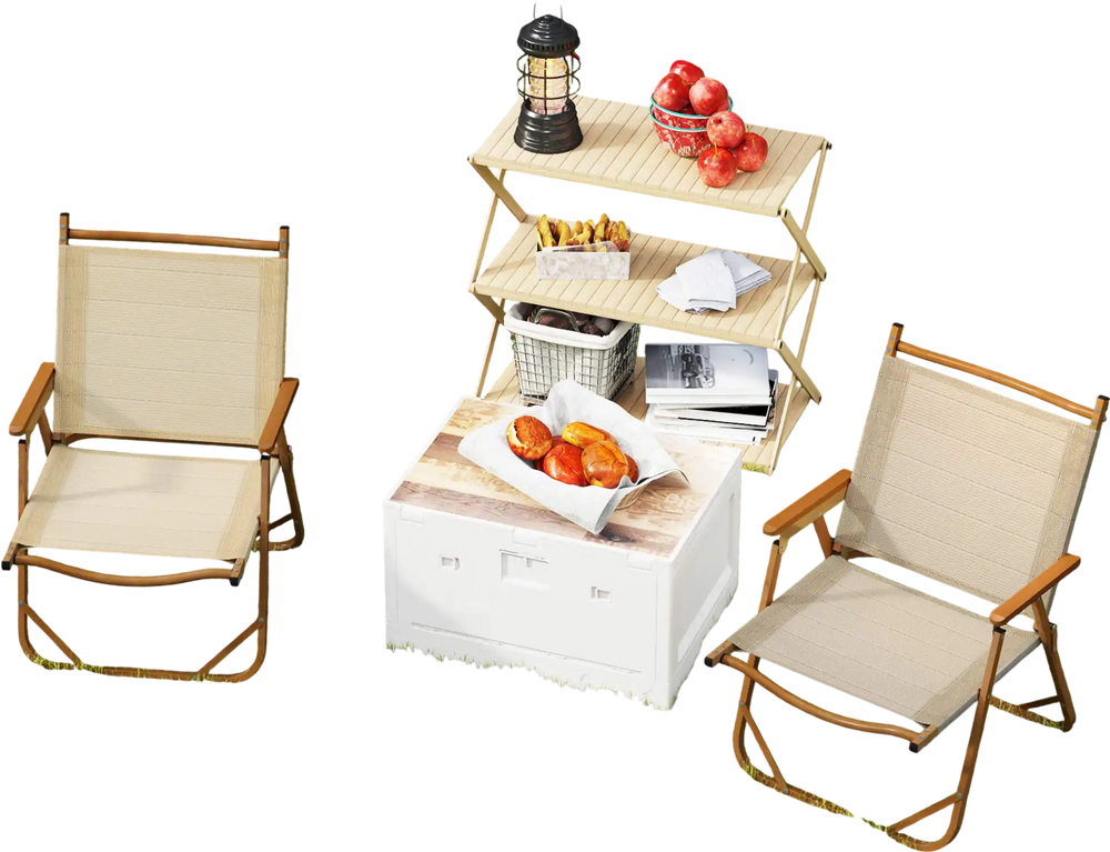 Lightweight folding camp chairs set of 2 in beige, perfect for outdoor use in beach or backyard settings.