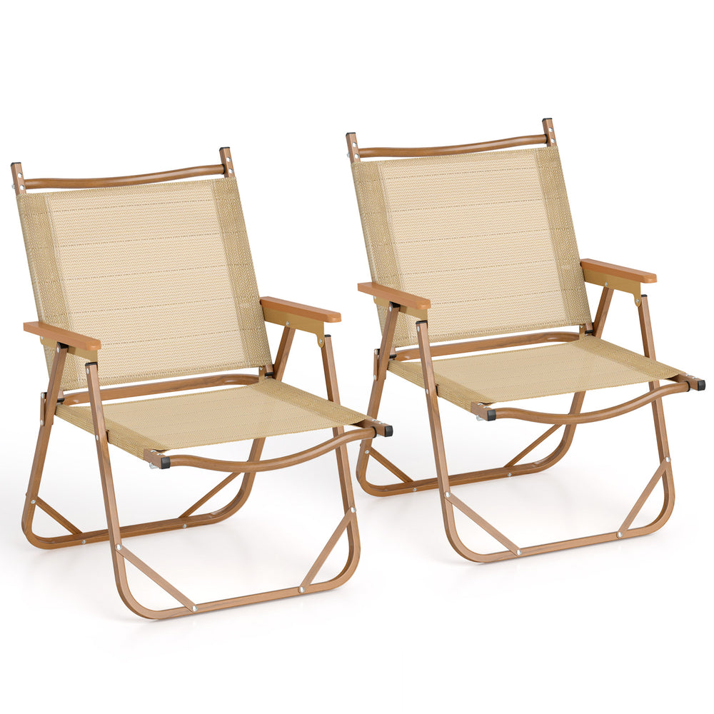 Set of 2 lightweight folding camp chairs in beige, featuring breathable fabric and sturdy aluminum for outdoor comfort.