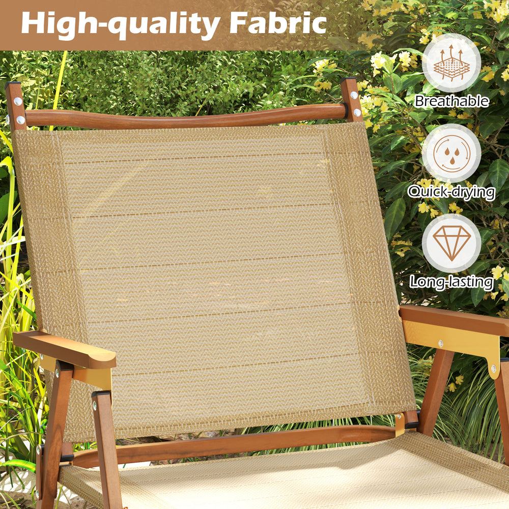 Lightweight beige folding camp chair showcasing breathable fabric and sturdy construction, perfect for beach or.