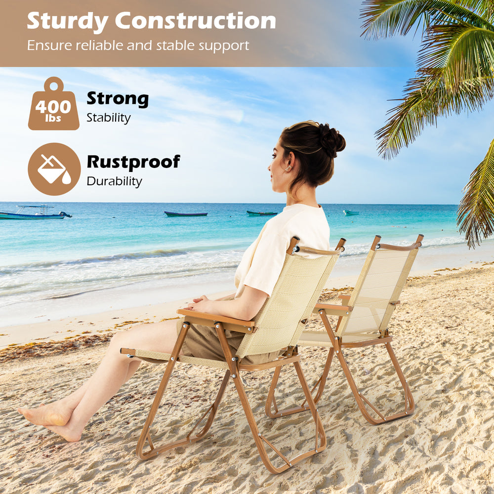 Lightweight folding beach chairs set of 2 in beige, featuring rustproof aluminum and 400 lbs capacity for outdoor.
