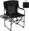 Folding camping chair in black with side table, cup holder, and carrying bag, ideal for picnics and outdoor activities.