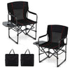 Folding camping chair in black with foam-wrapped armrests and non-slip foot pads, perfect for comfortable outdoor.