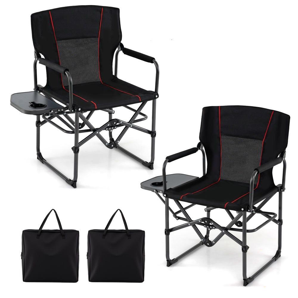 Folding camping chair in black with foam-wrapped armrests and non-slip foot pads, perfect for comfortable outdoor.