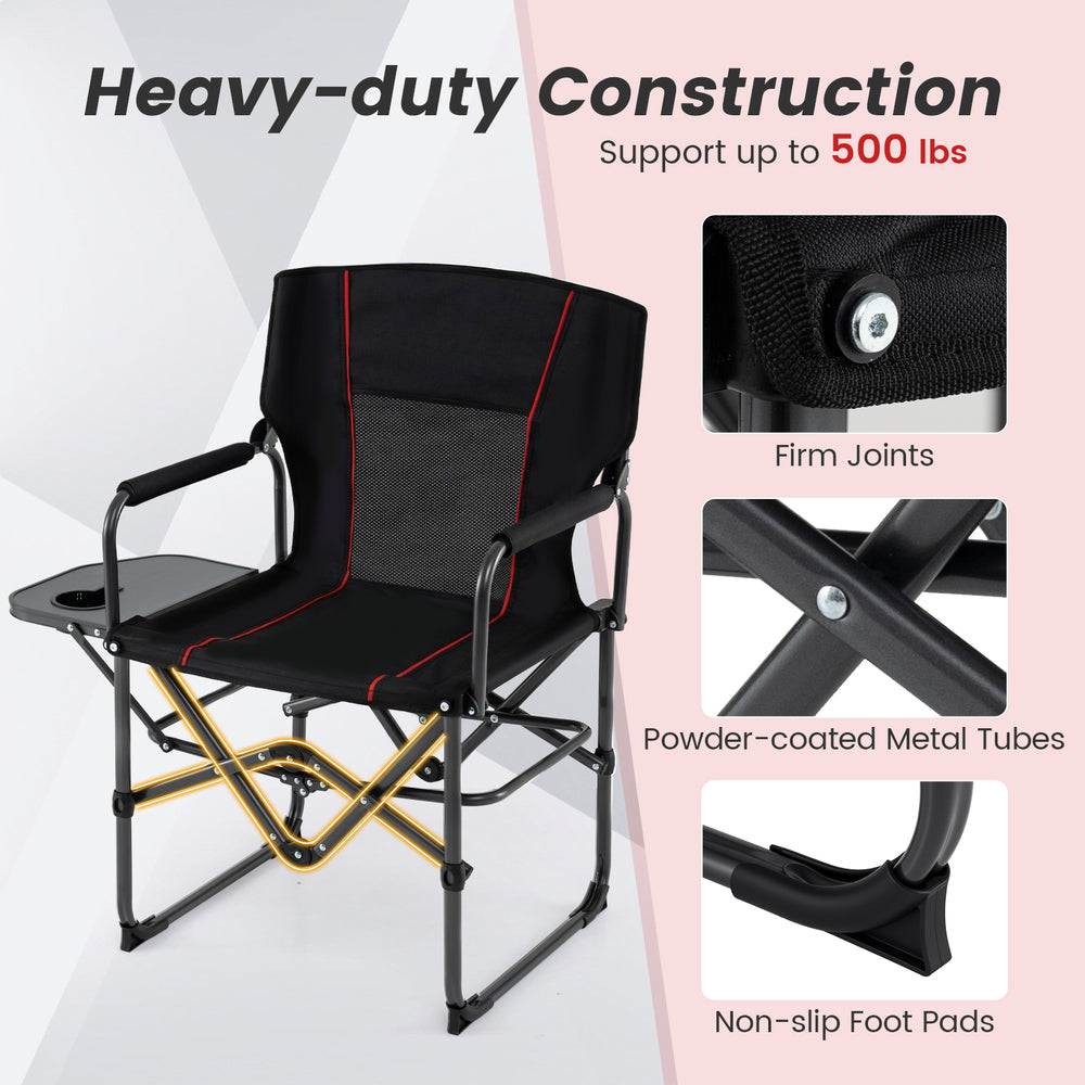 Folding camping chair with side table and cup holder, heavy-duty construction, supports 500 lbs, portable for outdoor.