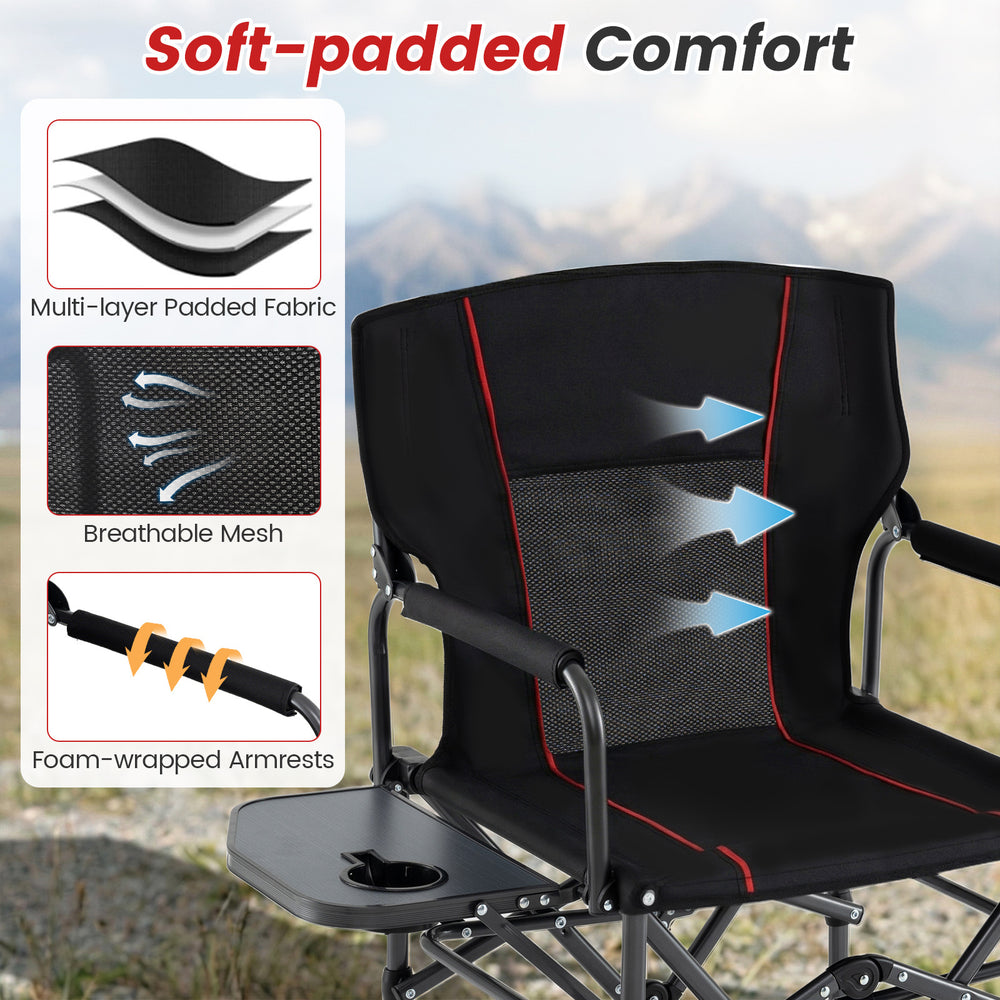 Folding camping chair with breathable mesh back, multi-layer padded fabric, and side table for outdoor comfort and.