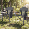 Two folding camping chairs with cup holders and storage pockets, featuring a sturdy metal frame and breathable mesh.