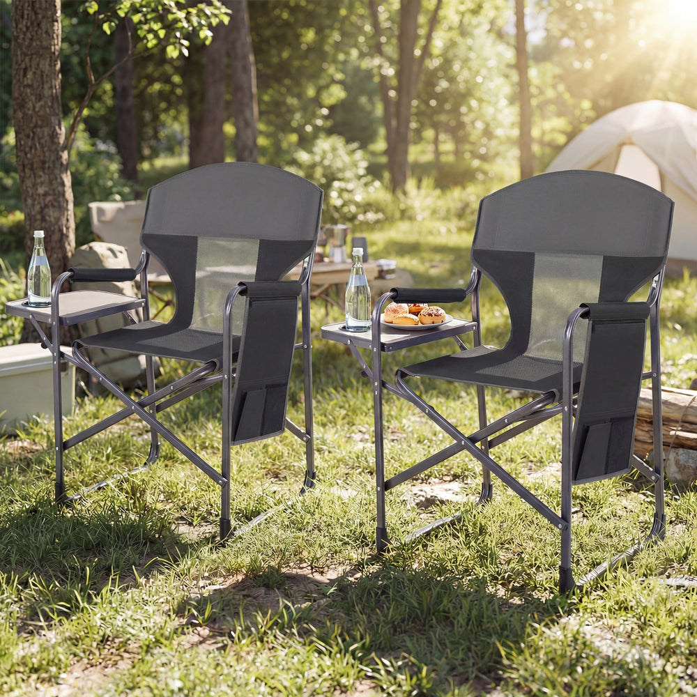 Two folding camping chairs with cup holders and storage pockets, featuring a sturdy metal frame and breathable mesh.