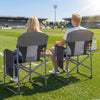 Folding camping chairs with cup holder and storage pocket, designed for outdoor events and relaxation.