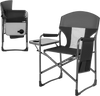 Folding camping chair in black with cup holder, storage pocket, and breathable mesh for outdoor comfort and convenience.