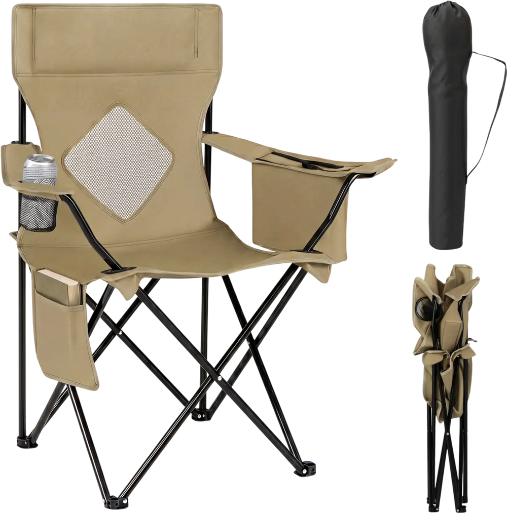 Folding camping chair in green with wide seat, reinforced frame, and side storage bag, perfect for backyard relaxation.