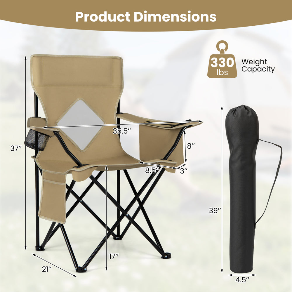 Folding camping chair features a solid metal frame, breathable mesh backrest, and supports up to 330 lbs for outdoor comfort.