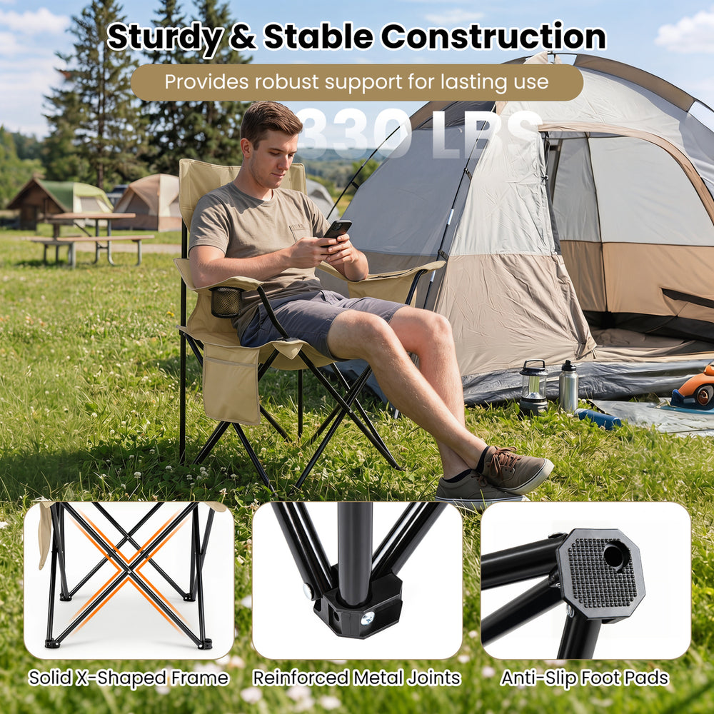 Folding camping chair with a solid X-shaped frame, mesh backrest, and anti-slip foot pads, supporting up to 330 lbs.