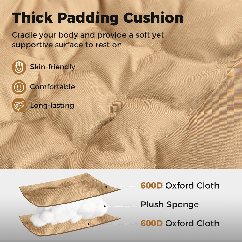 Thick padding cushion of the khaki folding camping chair, made from 600D oxford cloth for comfort and durability.