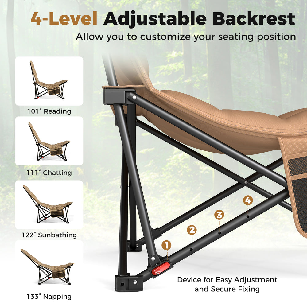 Folding camping chair with adjustable backrest in khaki, featuring 4 angles for reading, chatting, or napping.