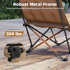 Folding camping chair in khaki with adjustable backrest, robust metal frame, and anti-slip pads for outdoor comfort.