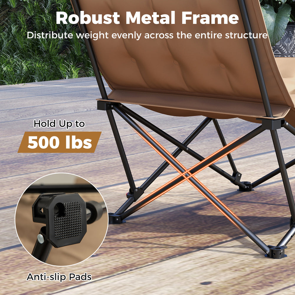 Folding camping chair in khaki with adjustable backrest, robust metal frame, and anti-slip pads for outdoor comfort.